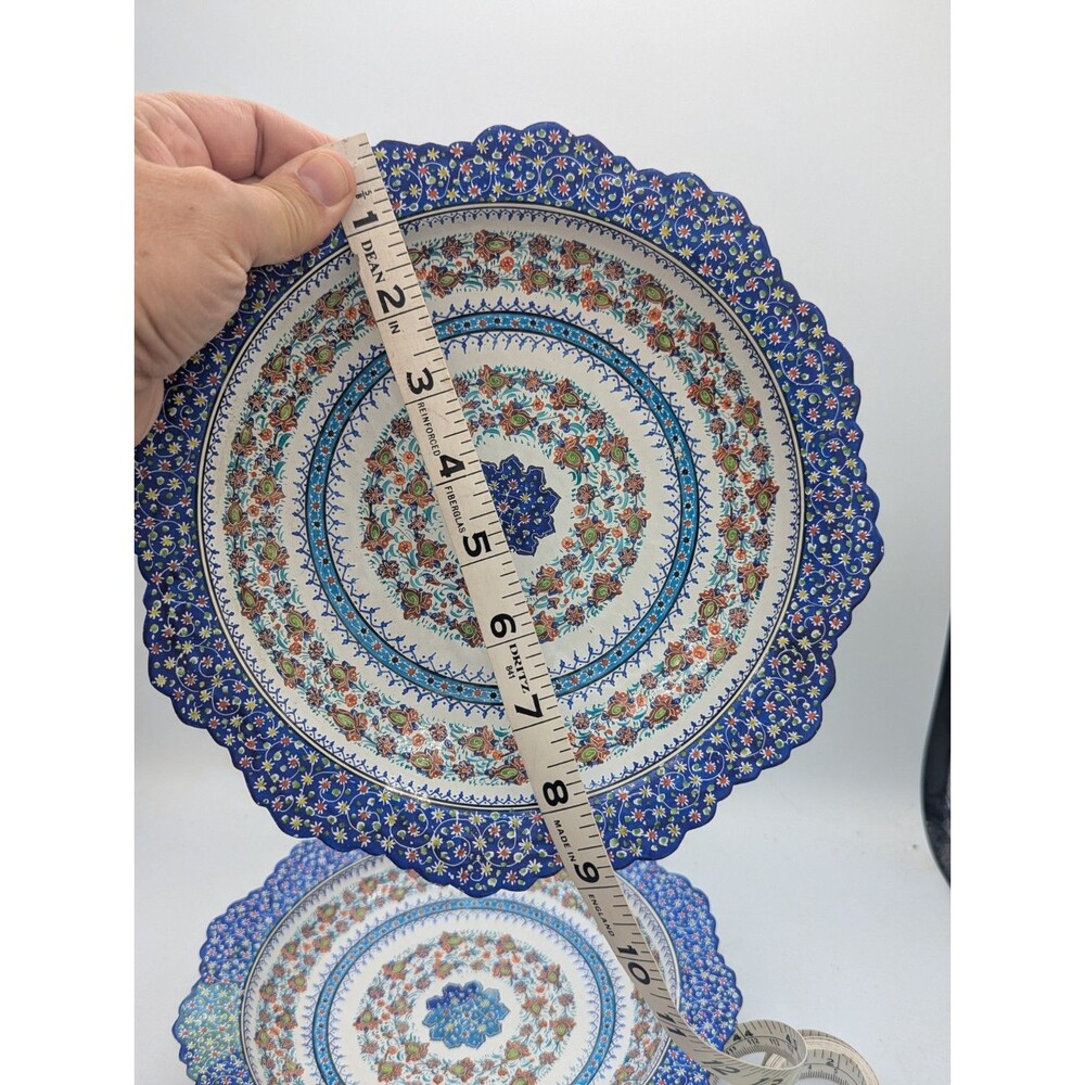Pair Vintage Persian Minakari Enamel Copper Plates Wall Hanging Hand Painted 8" - Picture 12 of 12